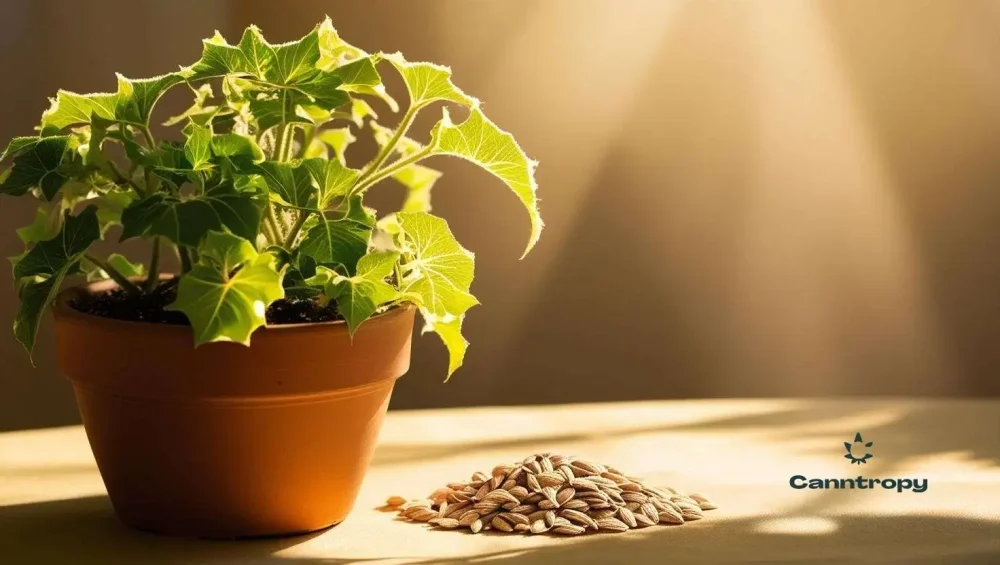 Semi di kudzu e pianta di kudzu rampicante in vaso, con il logo Canntropy