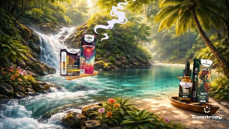 Canntropy products HCT by a tropical lagoon, illustrating slow-acting oils versus the fast-acting effects of vaporization, Canntropy logo on the right