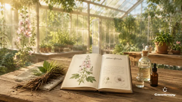 A table in a greenhouse with a plant, herbarium and bottles, Canntropy logo in the bottom right.