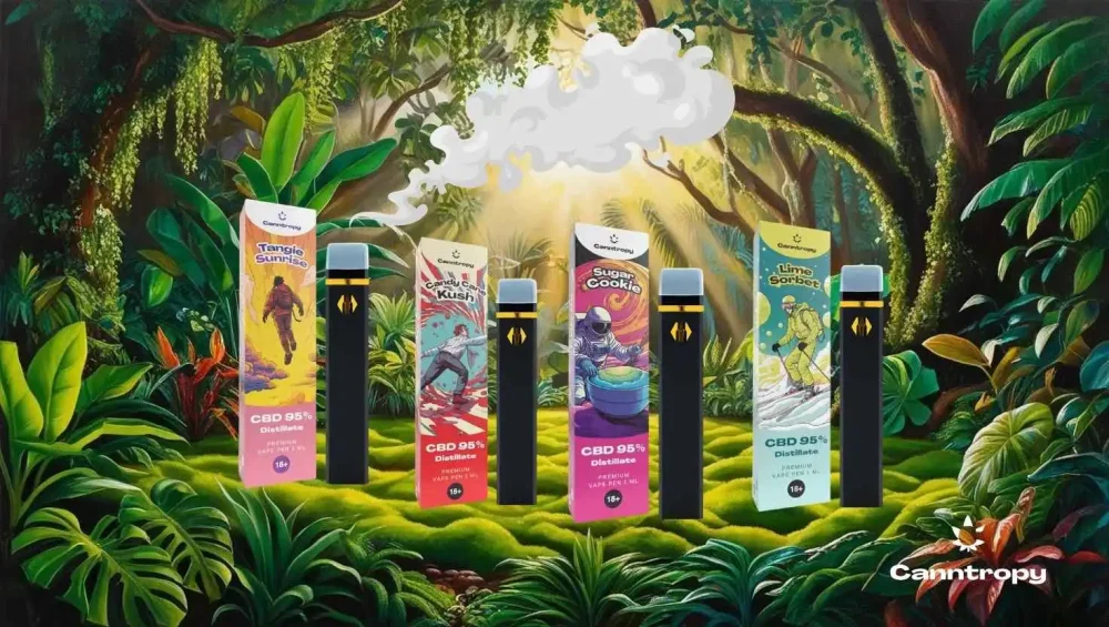4 different flavors of CBD vapes from Canntropy in a colorful jungle setting