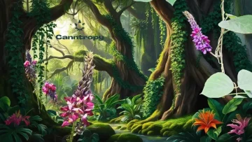 Kudzu-Weinrebe (Pueraria lobata) im Dschungel, violette Kudzu-Blüten, ergänzt durch das Canntropy-Logo