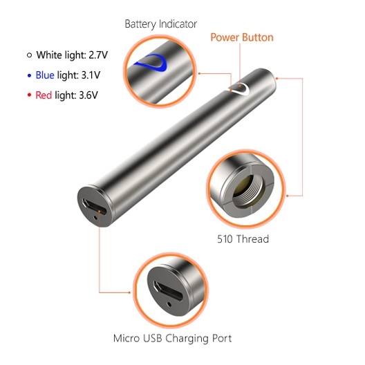 Canna b2b Battery for CBD cartridge, 380 mAh, 510 thread, USB charger, Silver