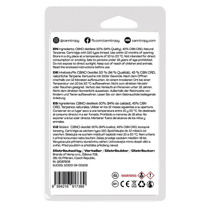 Canntropy CBNO Cartridge White Cherry Gelato, CBNO 94% kvalitete, 1 ml