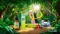 Huiles de CBD, bonbons gélifiés au CBD (produits comestibles) et vaporisateurs, dans un décor de jungle, avec le logo Canntropy.
