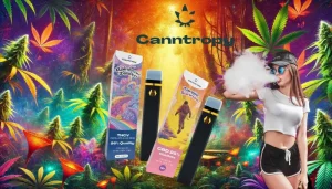 Uma selva cheia de cor e plantas de canábis com as canetas vaporizadoras descartáveis da Canntropa em primeiro plano - Rainbow Zelato e Tangie Sunrise, uma mulher a desfrutar de uma rica nuvem de vapor Uma selva cheia de cor e plantas de canábis com as canetas vaporizadoras descartáveis da Canntropa em primeiro plano - Rainbow Zelato e Tangie Sunrise, uma mulher a desfrutar de uma rica nuvem de vapor