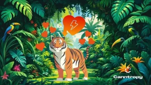Illustrated tiger surrounded by hearts in a colourful jungle – a natural way to increase libido in women and men, with the Canntropy logo at the bottom right