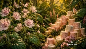 Divočina, vlevo bylina proskurník lékařský, vpravo bonbony marshmallow.