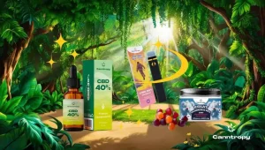 CBD oils vs. CBD gummies (edibles) vs. vapes, jungle setting, complete with Canntropy logo