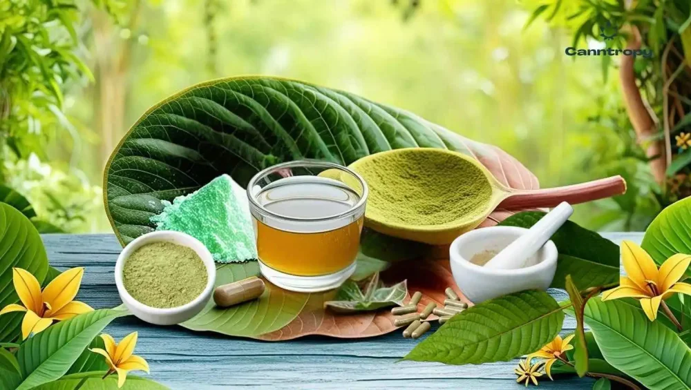 Various white kratom products as powder, capsule, drink, complete with jungle environment