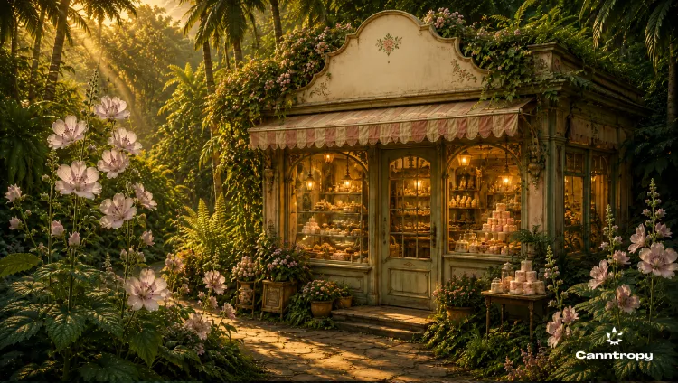 An old-fashioned confectionery in the jungle, with marshmallow plants around it and the Canntropy logo in the bottom right.