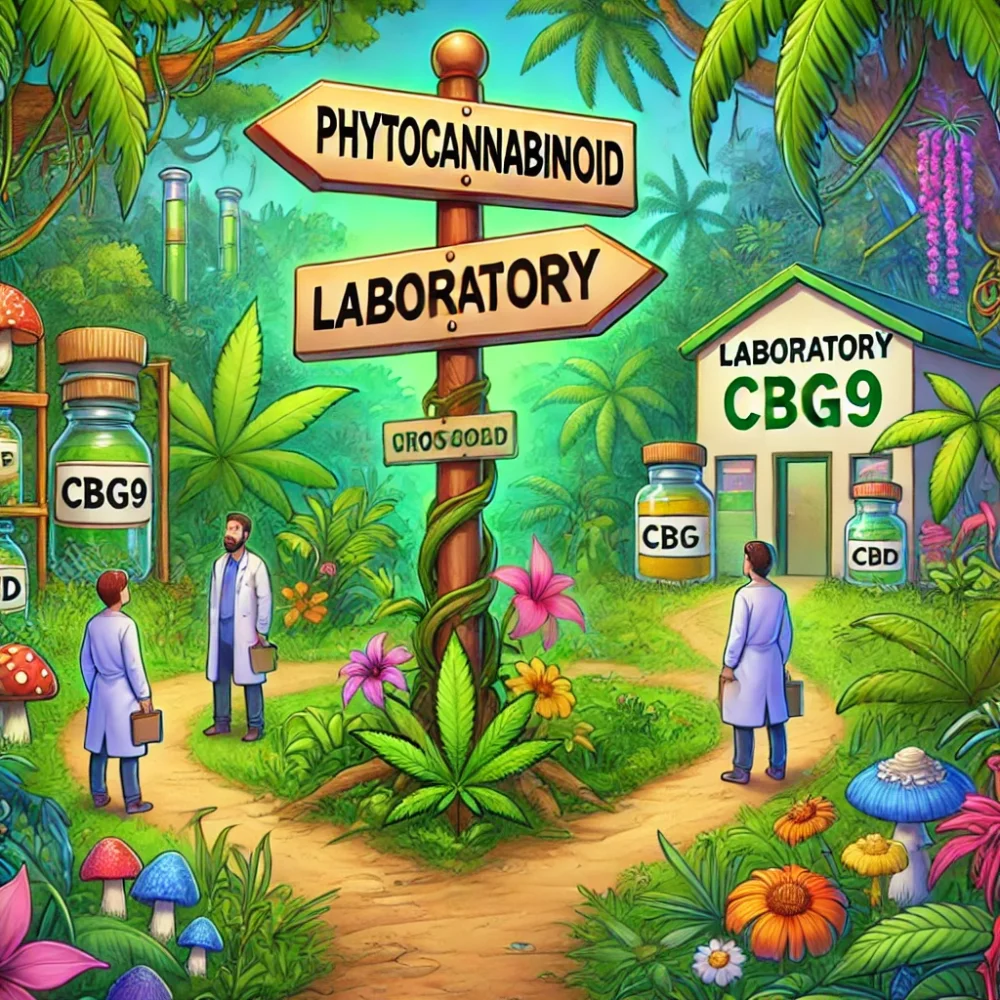 Színes kenderdzsungel, ahol tudósok vannak, fiolák CBG9, CBG, CBD, két jelző: fitokannabinoid, egy laboratórium, egy ház felirattal: CBG9 laboratórium, ahol a CBG9-et gyártják.