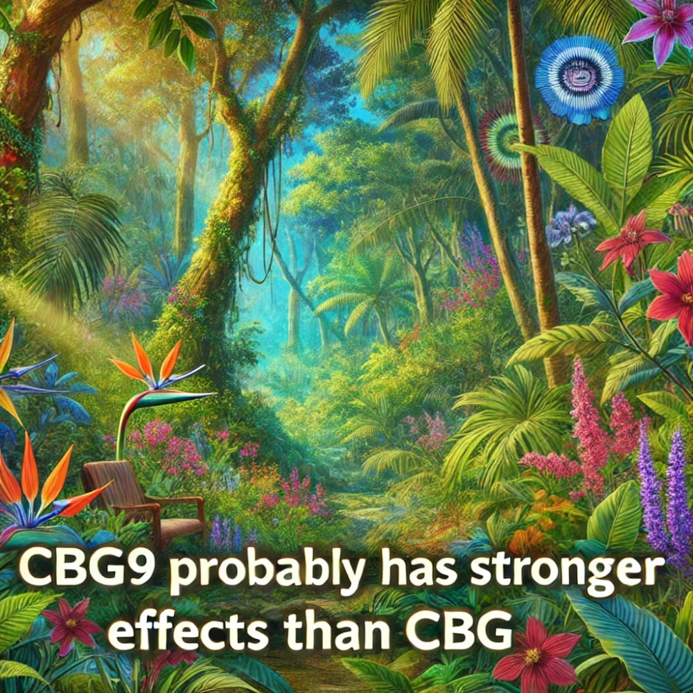 Jungle en couleurs vives et en bas le texte : Le CBG9 a probablement des effets plus puissants que le CBG.