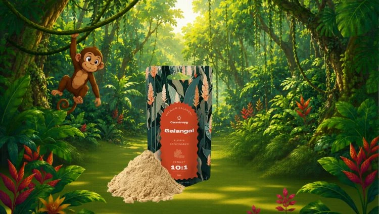 Galangal powder in a bag, jungle and monkeys, Canntropy logo bottom right