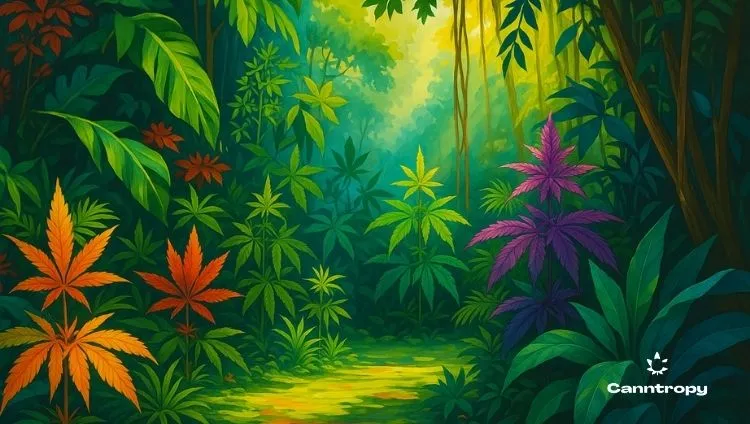 A colourful jungle with cannabis plants, from which THCA (tetrahydrocannabinolic acid) is produced, with the Canntropy logo at the bottom right
