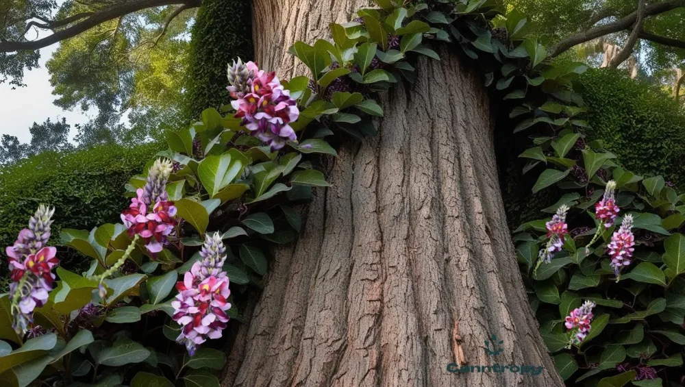 Fiori viola di kudzu, con il logo Canntropy