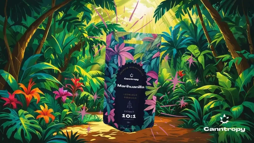 Canntropy Marihuanilla extrakt Leonurus sibiricus (10:1) uprostřed tropického pralesa plného barevných květin a paprsků slunce