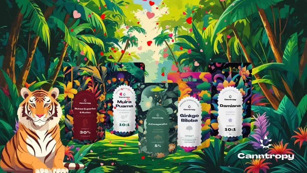 Canntropy natural supplements to support libido – illustration of a tiger surrounded by extracts of Muira Puama, Damiana, Ginkgo Biloba, Ashwaganda and Butea Superba & Kudzu
