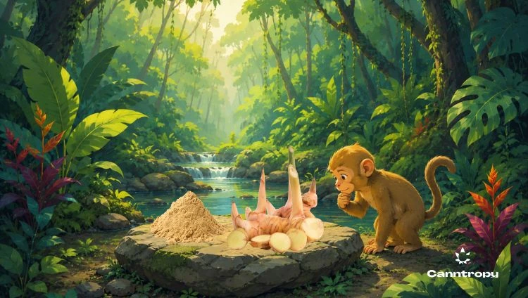 Galangal powder and sliced galangal, monkeys, jungle, Canntropy logo bottom right