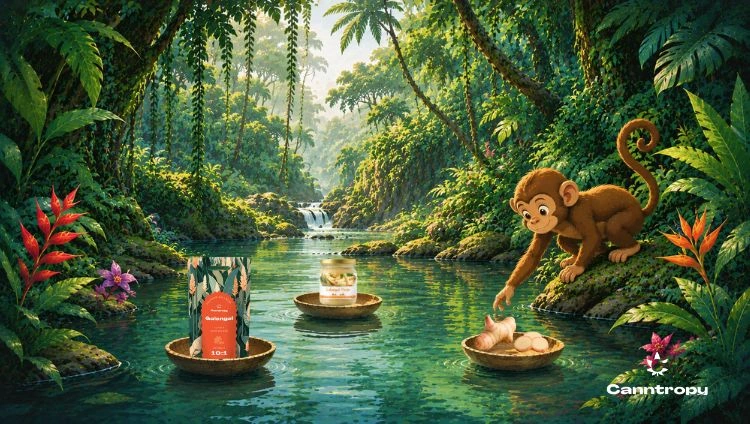 Different forms of galangal: fresh, paste and powder, jungle and monkey, Canntropy logo bottom right