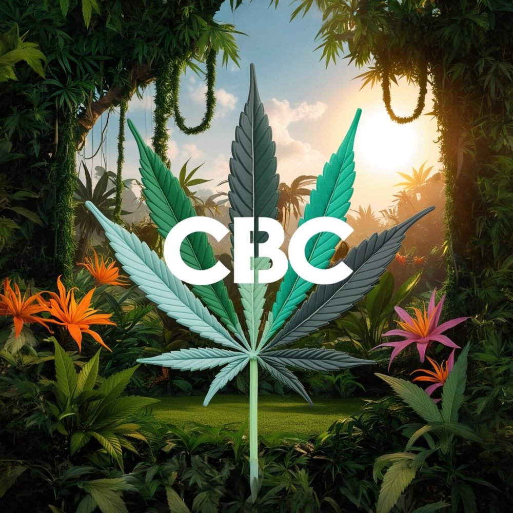 Kanapių lapas su užrašu CBC džiunglių fone
