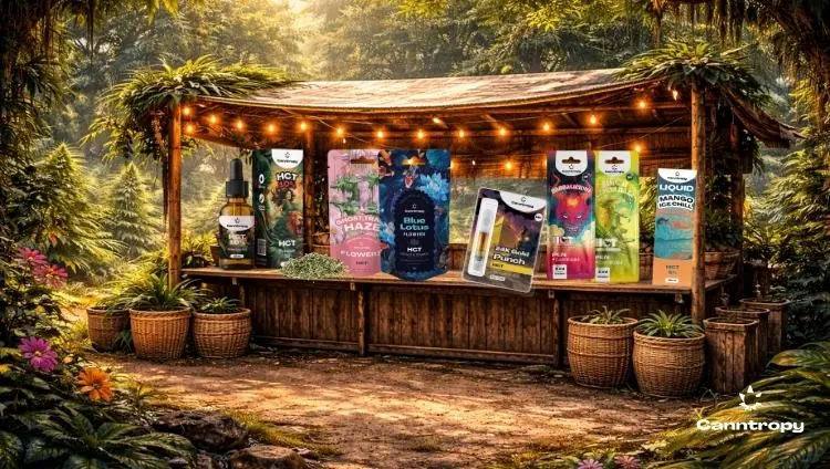 Canntropy HCT product line displayed at a market stall in the jungle, including flowers, pre-rolled joints, oils, pens + cartridges, cartridges, and liquids, with the Canntropy logo at the bottom right