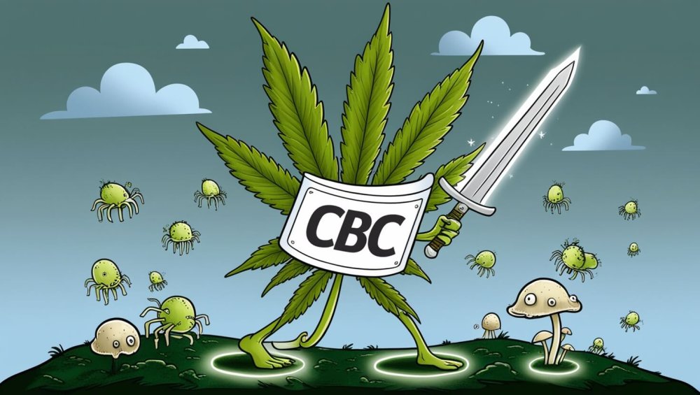 CBC gali slopinti bakterijas ir pelėsius, paveikslėlyje pavaizduotas CBC kanapės lapas, kuris kardu kovoja su pelėsiais ir bakterijomis.